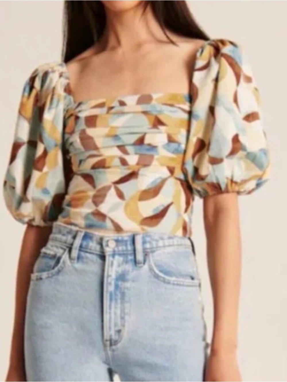 Abercrombie & Fitch Square-Neck Puff Sleeve Printed Top